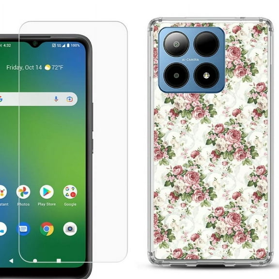 For Boost Mobile Summit 5G Shockproof Phone Case Cover with Tempered Glass Screen Protector, by OneToughShield - Floral/Rose