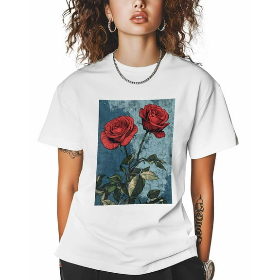 T Shirts for Women Short Sleeve Cotton Crewneck T-Shirt, Retro Red Rose Flowers Tee Tops Casual Basic T-Shirts, XS-5XL White S