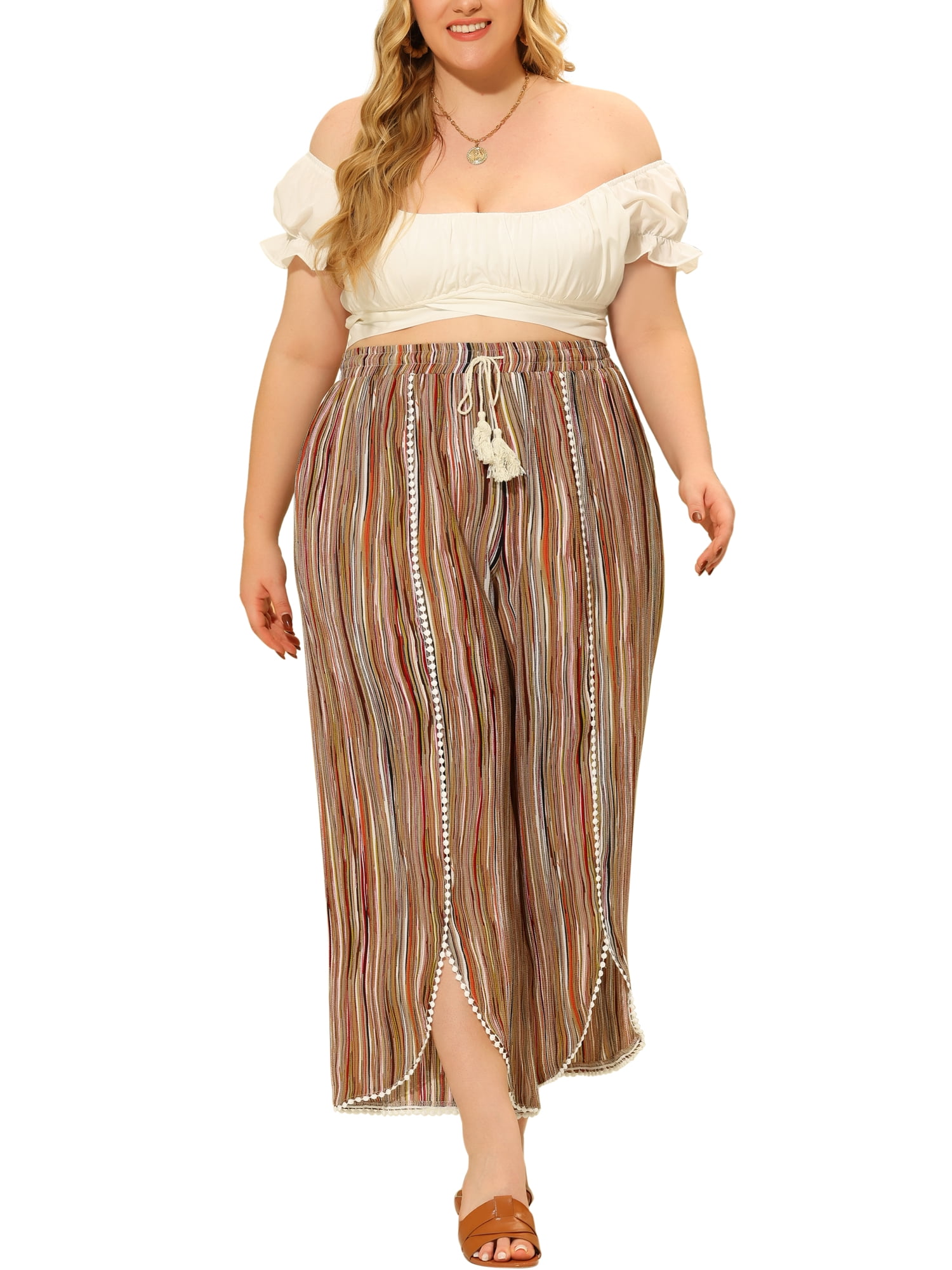 DARING DIVA Women's Plus Size Elastic Waist Flowy Striped Wide Leg Pant 3X Brown