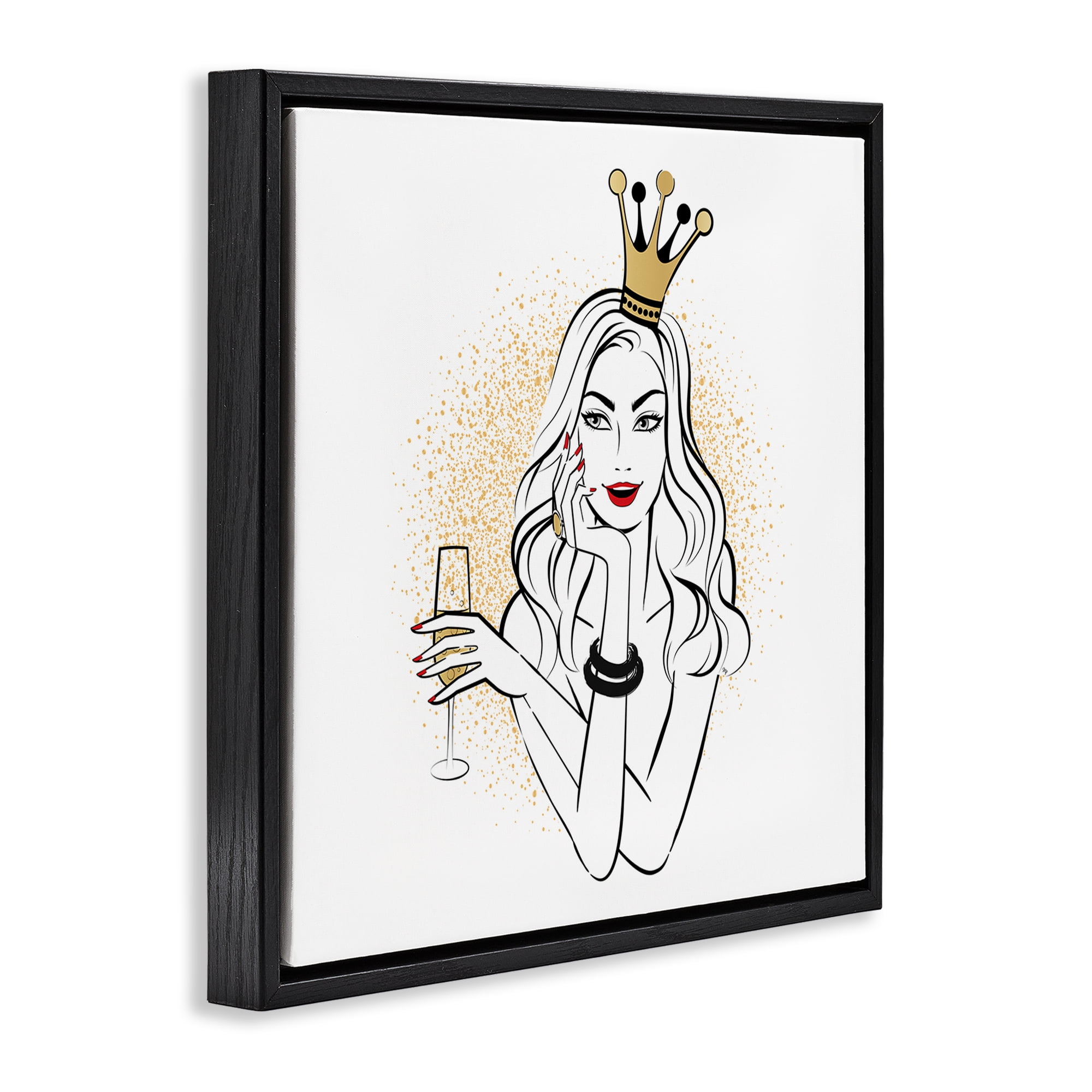 Stupell Industries Princess with Champagne Novelty Painting Black Floater Framed Art Print Wall Art, 18 x 18