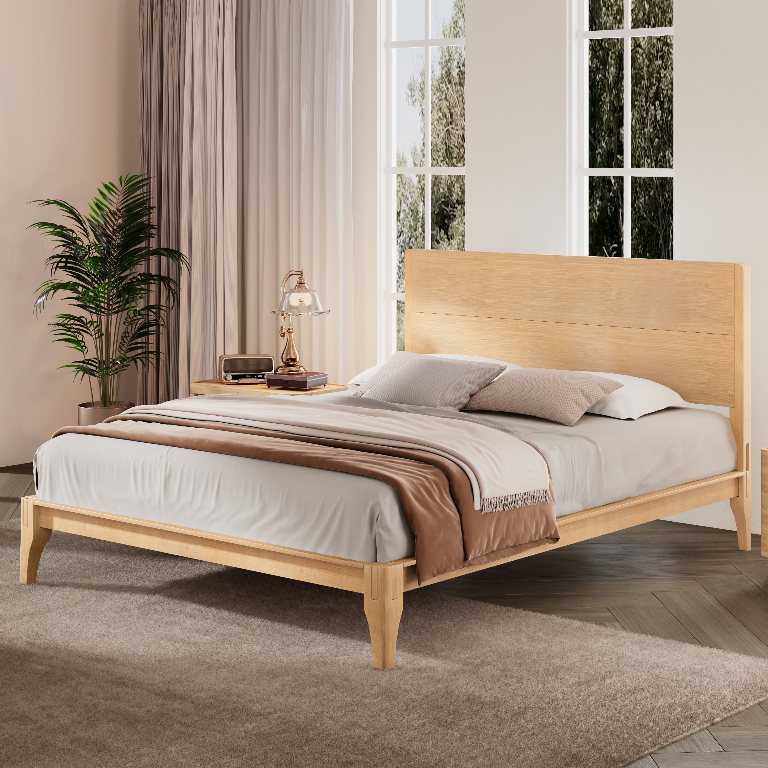 Euroco Mid-Century Full Size Platform Bed, Bamboo Wood Bed for Bedroom, Natural