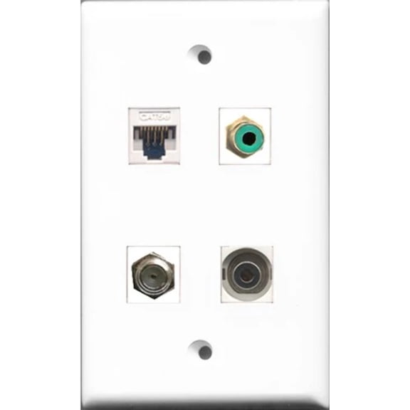 RiteAV 1 Port RCA Green and 1 Port Coax Cable TV- F-Type and 1 Port 3.5mm and 1 Port Cat5e Ethernet White Wall Plate