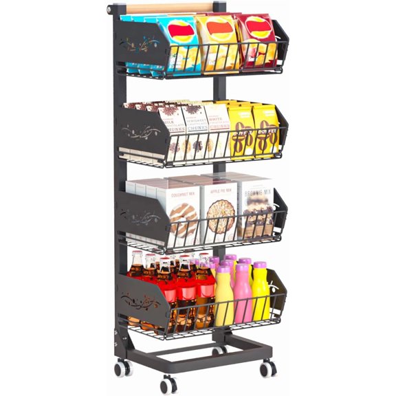 Heavy 4-Tier Snack Cart with Wheels Rolling Pantry Floor Organizers Upgraded Wider and Thicker, Kitchen Fruit Basket Stand and Storage Rack for Fruit Snack Onion Potato, (Wooden Handle)