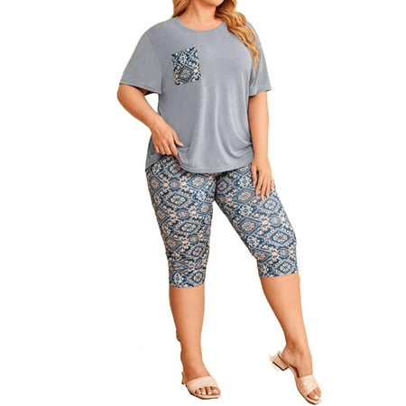 

Casual Round Neck Short Sets Short Sleeve Dusty Blue Plus Size Pajama Sets (Women s)