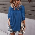 thumbnail image 2 of Jersey de mujer Top empalme de encaje plisado manga 3/4 cuello redondo blusa transpirable para mujer dama azul L, 2 of 6