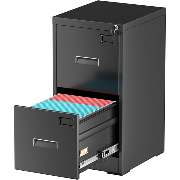 2 Drawer Filing Cabinet, Metal Black File Cabinets with Lock, Locking Narrow Storage Cabinet with Adjustable Hanging Frame for Home Office, Letter/Legal/F4/A4 Size