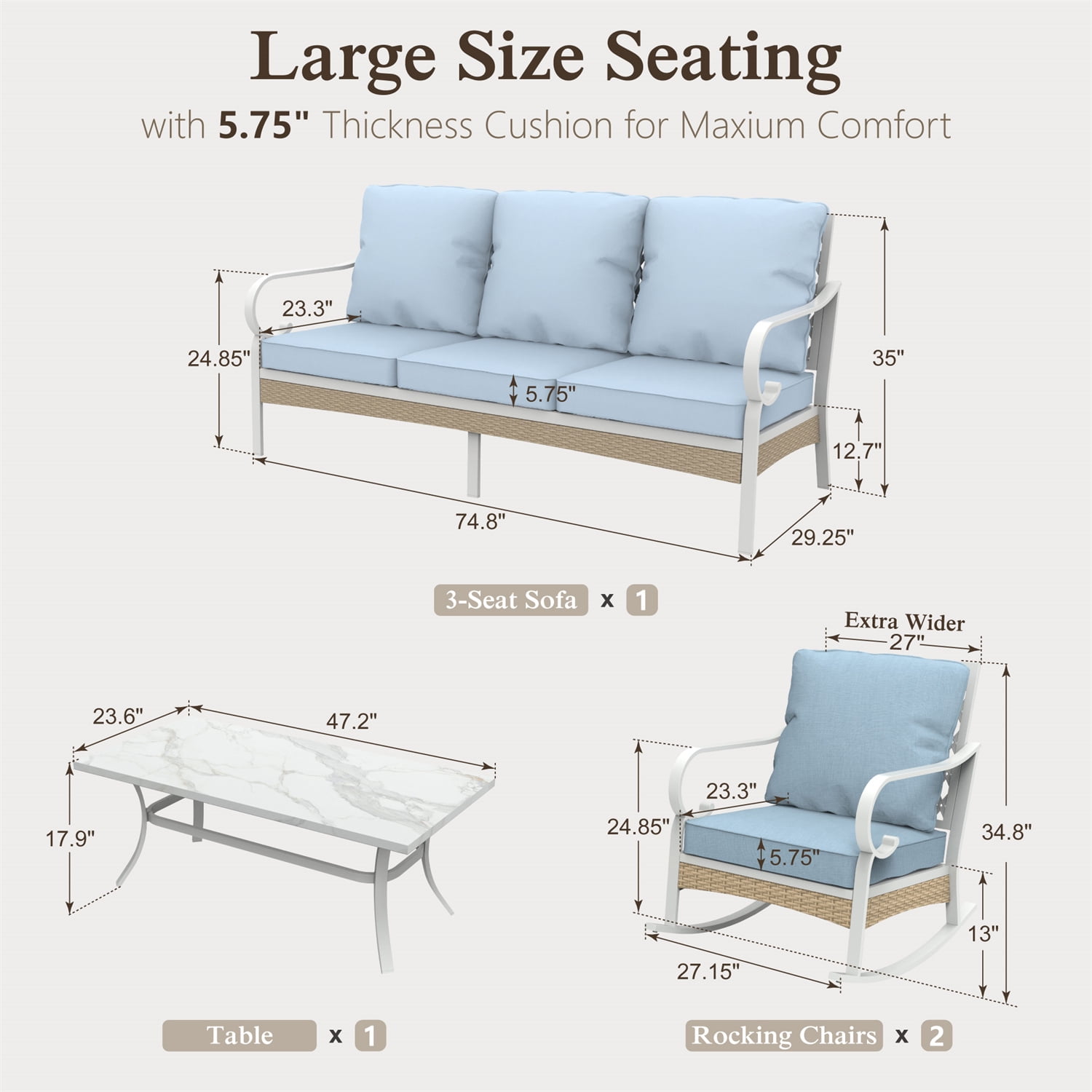 MF Studio 5-Seater Patio Conversation Set Metal Outdoor Furniture with Rocking Chair Sofa Blue