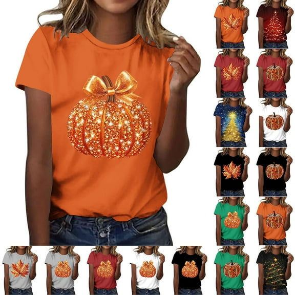 qolati Halloween Sequin Pumpkin Women Tops Retro Fall Print Crew Neck T-Shirt Thanksgiving Day Going Out Sweatshirts for Women
