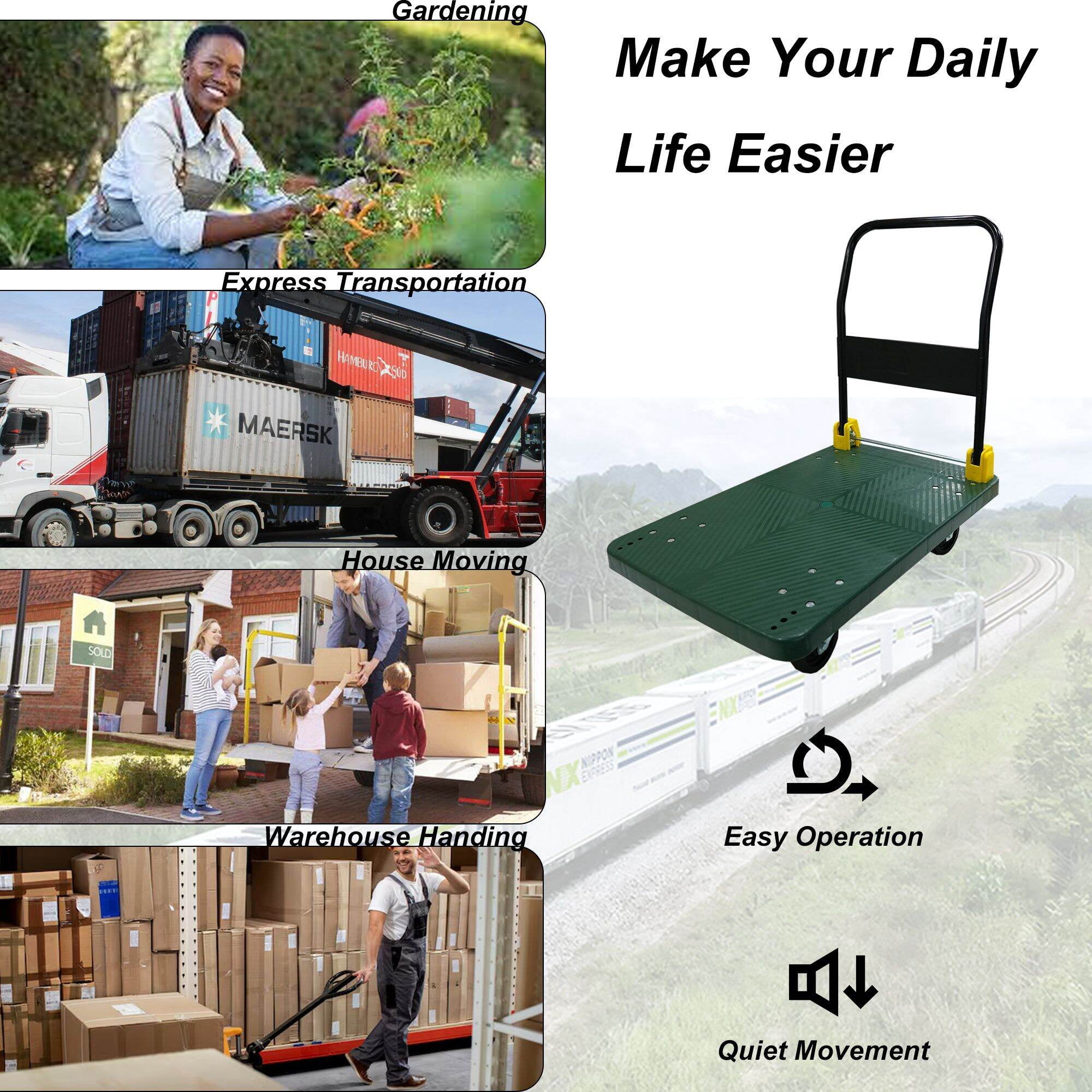 Dolly, Foldable Platform Push Hand Truck Cart, 880 lbs. Weight Capacity, 2 Swivel Brake Wheels, Green Hand Truck,Metal Furniture Dolly, Auto Parts & Transport Hand Trucks & Dollies