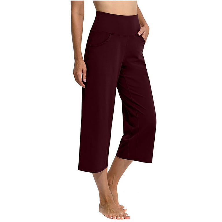 RQYYD Reduced Capri Pants for Women Wide Leg Yoga Pants with Pockets High  Waist Casual Dress Crop Pants(Wine,L)