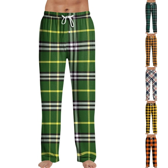 Zimjoy Green Plaid Sleep Pant for Men Elastic Waist Lounge Flannel Pajama Bottoms Lightweight Drawstring Comfy Pajama Pants Casual Warm Sleepwear Sleep Pant with Pockets, Dark Green L