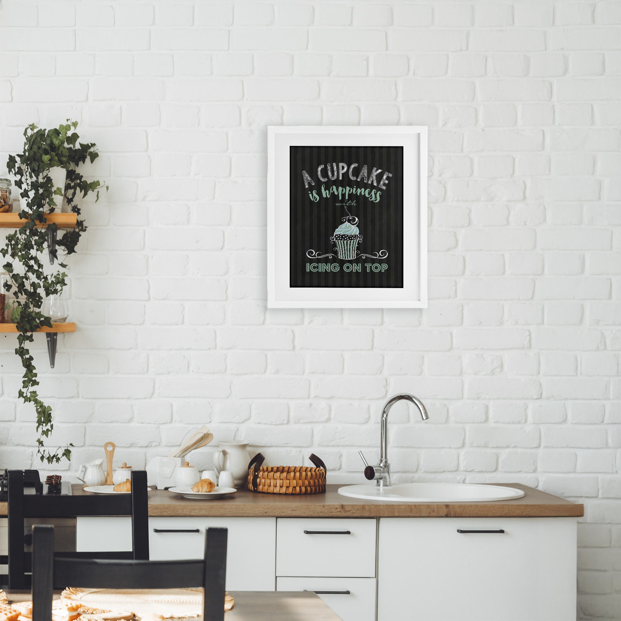 Cupcake Is Happiness with Icing White Framed Print Under Glass, design by Lettered and Lined