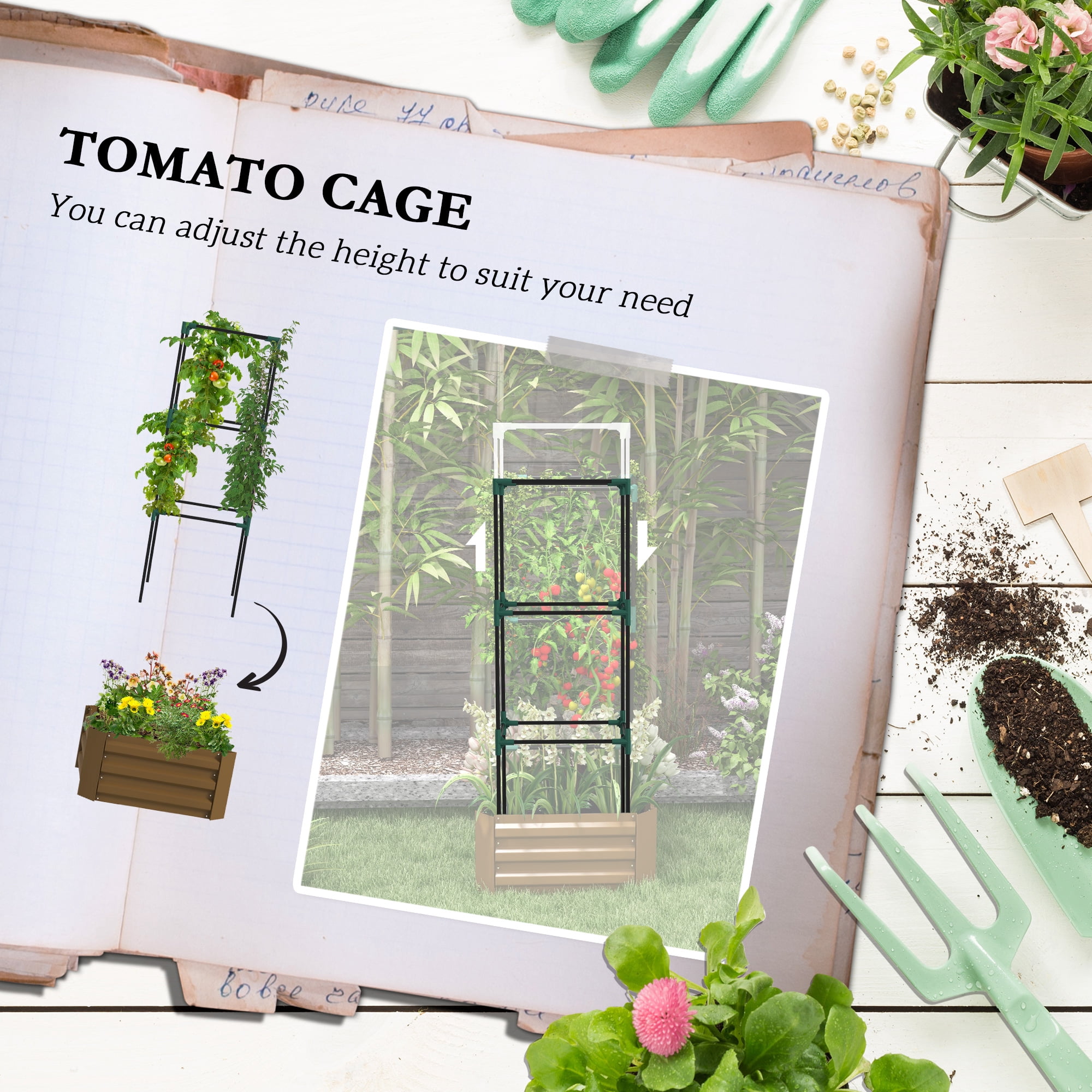 Homiyad Galvanized Planter Box, 24" x 24" x 11.75" Raised Garden Bed with Tomato Cage for Climbing Vines, Brown