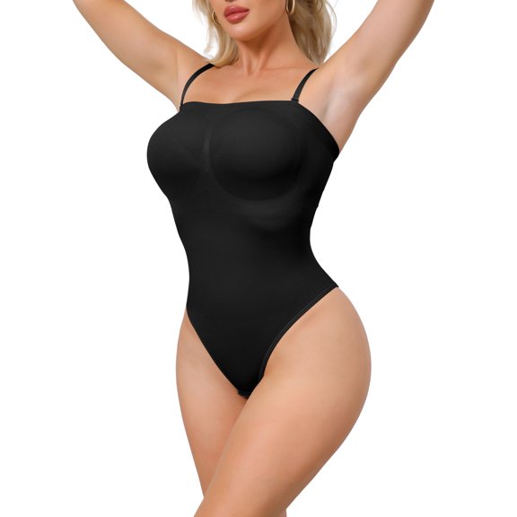 INSPIRE CHIC Strapless Shapewear for Women Tummy Control Leotard Tube Top Thong Sculpted Bodyshaper with Removable Straps S Black