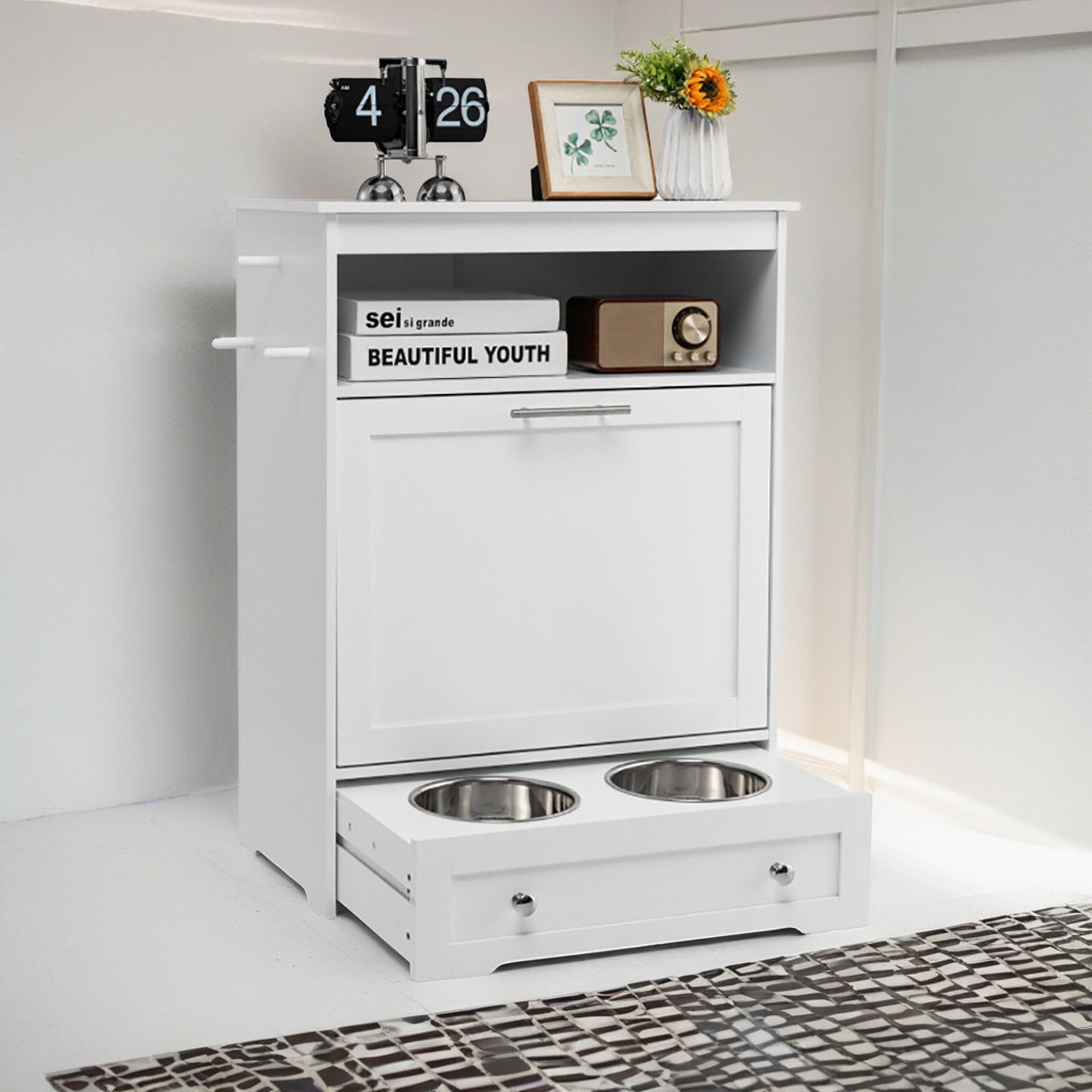 Pefilos 32" Dog Feeder Station with Stainless Steel Bowl, Dog Food Storage Container, Pull Out Pet Food Cabinet, White