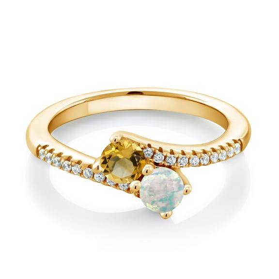 Gem Stone King 18K Yellow Gold Plated Silver Yellow Citrine and White Opal Bypass Ring for Women (0.75 Cttw, Gemstone November Birthstone, Round 4MM, Size 8)