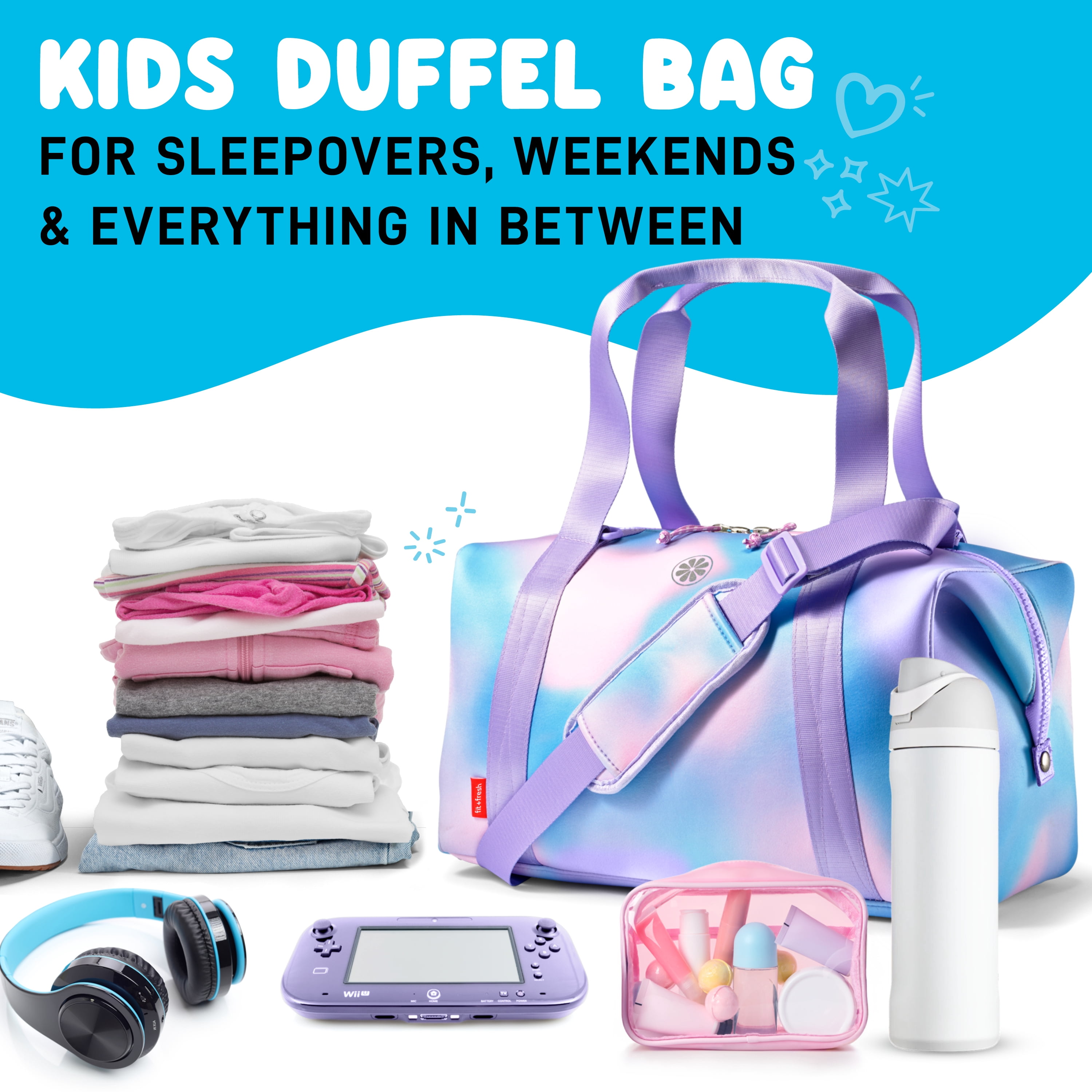 Fit + Fresh Junior Duffel Bag For Kids, Premium Neoprene Dance & Sports Bag, Weekender, Pink Purple