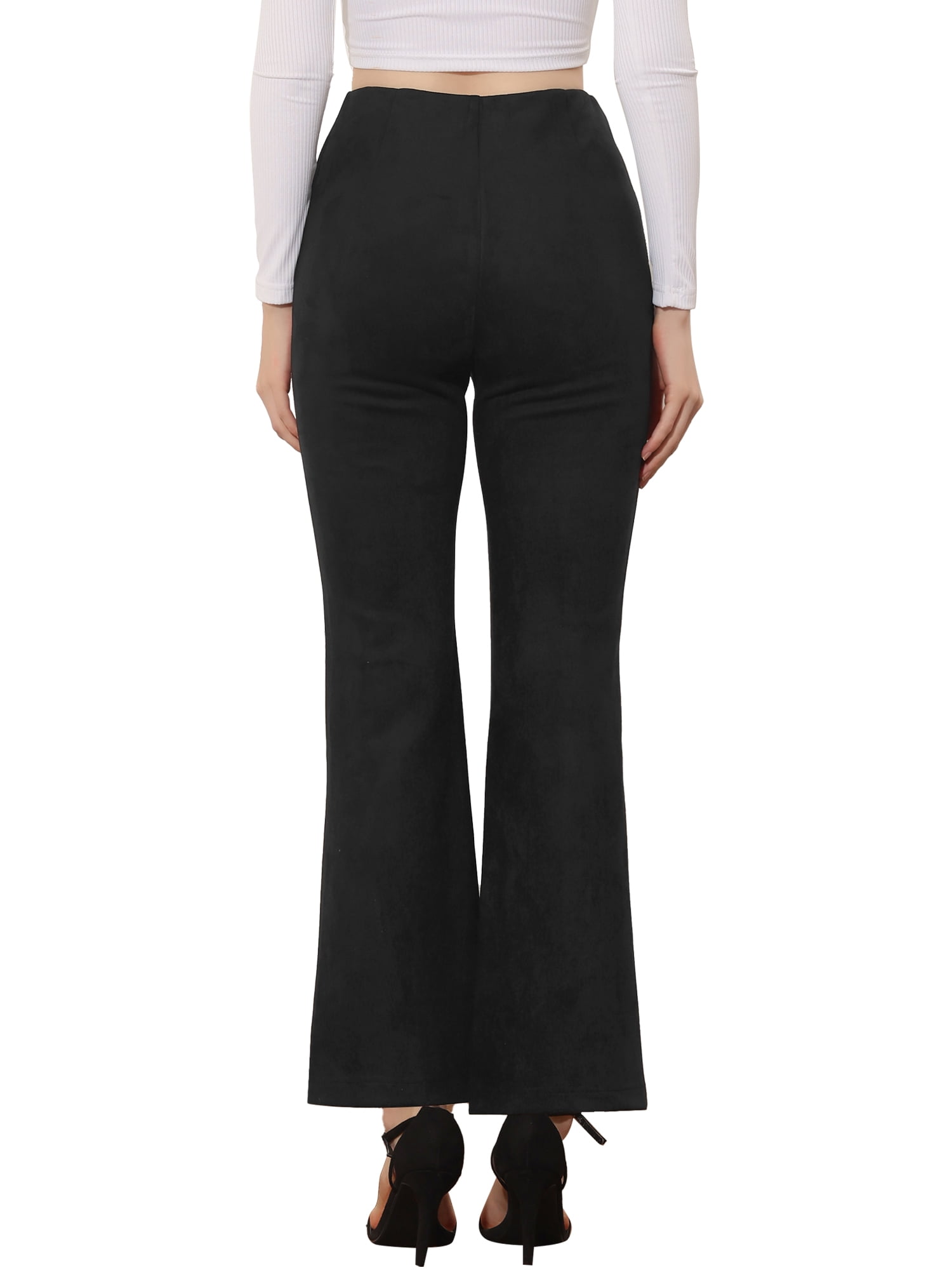 Unique Bargains Women's Flared Hidden Side Zipper Knitted Faux Suede Flared Pants L Black
