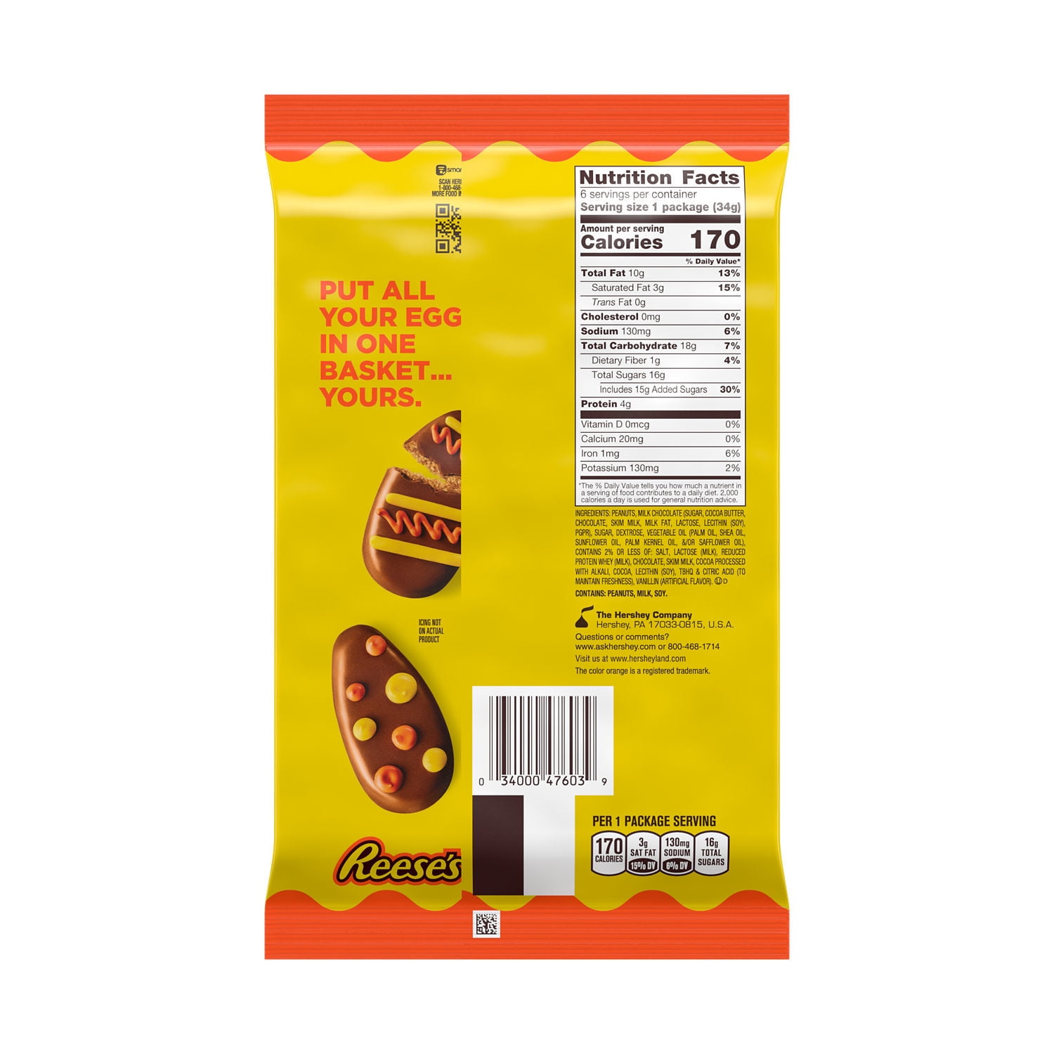Reese's Milk Chocolate Peanut Butter Eggs Easter Candy Basket Stuffers, Packs 1.2 oz, 6 Count