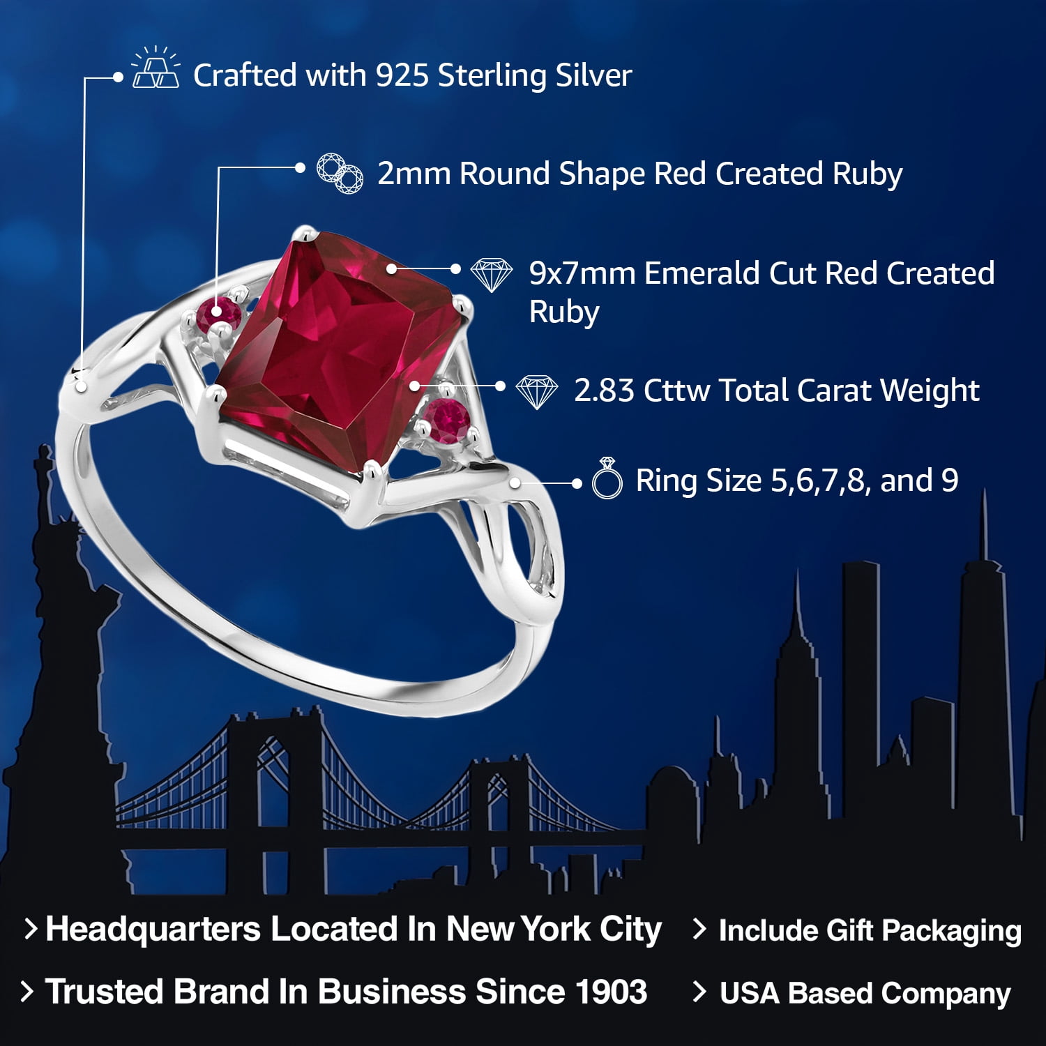 Gem Stone King 2.83 Cttw Red Created Ruby Ring for Women | 925 Sterling Silver | Emerald Cut 9X7MM | Three Stone Wedding Engagement Anniversary Promise Ring for Women | Size 6