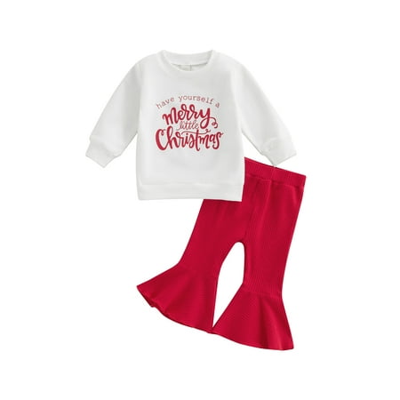 

EYIIYE Baby Girls Spring Fall 2Pcs Outfits Letter Print Long Sleeve Pullover Sweatshirt Tops and Solid Flare Pants Set 0-3 Years