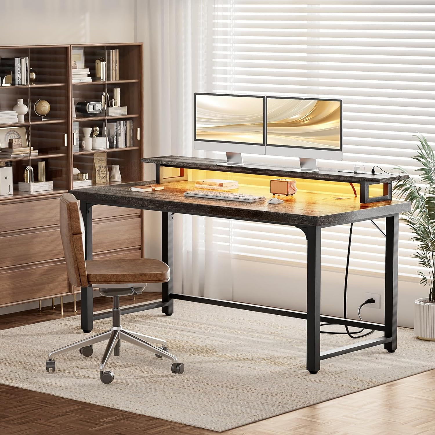 Homieasy Industrial 55 Inch Computer Desk with Socket and LED Light, Thickened Home Office Desk, Writing Study Gaming Table with Storage, Modern Wooden Executive Workstation for Student, Black Oak