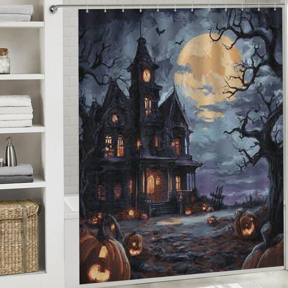 RKSupls Happy New Year Shower Curtain, Castle Pumpkin Shower Curtain with Hooks for Christmas Home Bathroom Decor Washable Curtains, 72x72 in