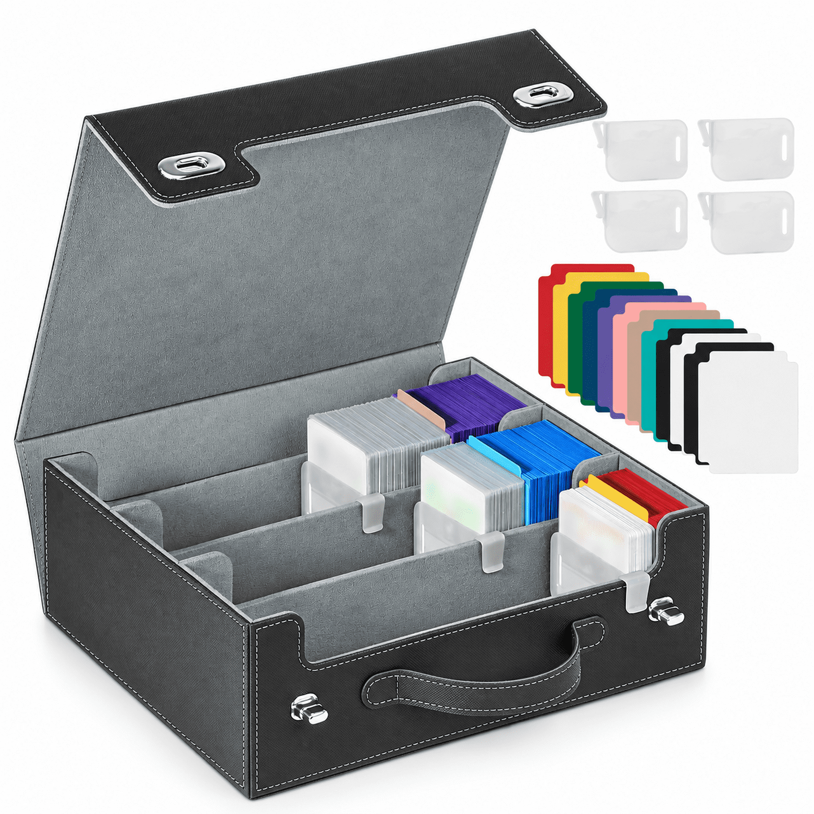 Tecfino Trading Card Storage Box 3-Row 2700+ Card Organizer, PU Leather Card Case with Handle and Lock Closure for TCG Game Sports Cards, Gray