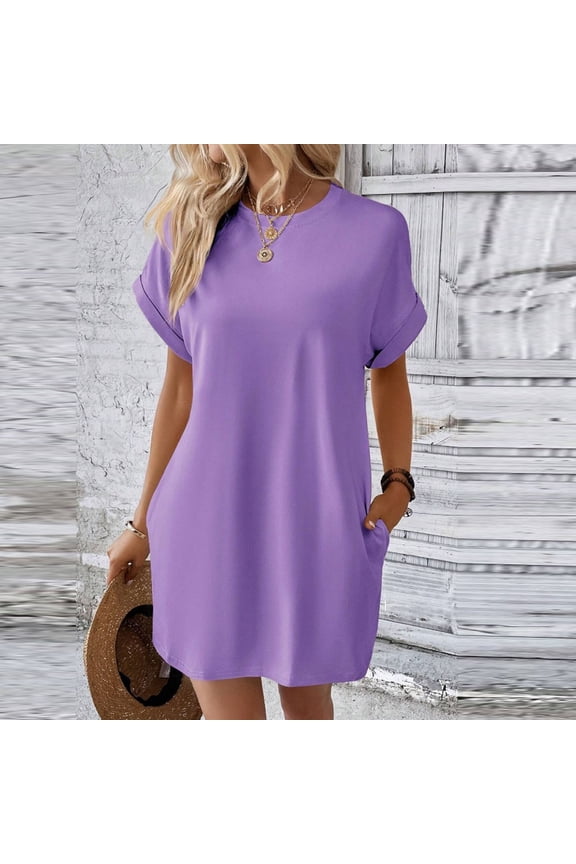 Summer Dresses for Women Casual Short T Shirt Dress Short Sleeve Round Neck Straight Loose Flowy Mini Tee Shirt Dress