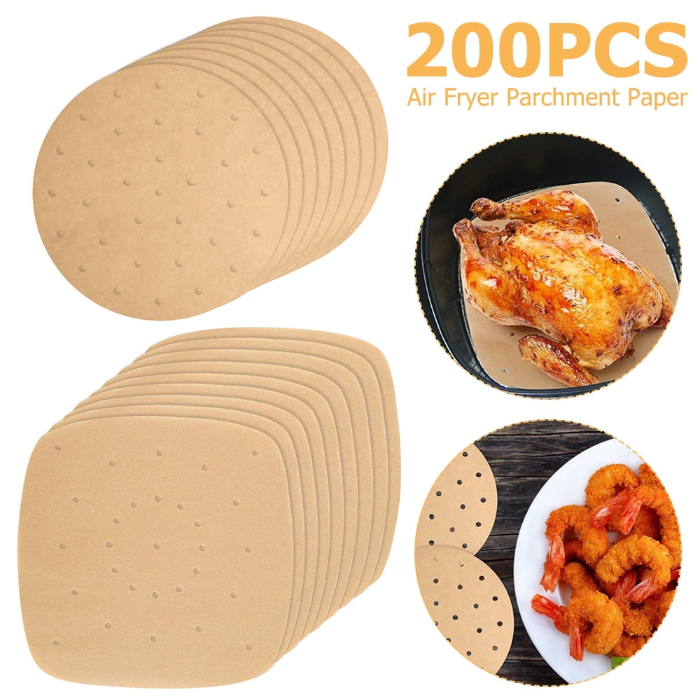 8.5 inch, Brown Non-Stick Steamer Mat Perforated Unbleached Parchment Paper Air Fryer Liners Uses for Baking Cookies Heavy Duty Air Fryer Liners Air Fryer 200 PCS Square Air Fryer Liners 