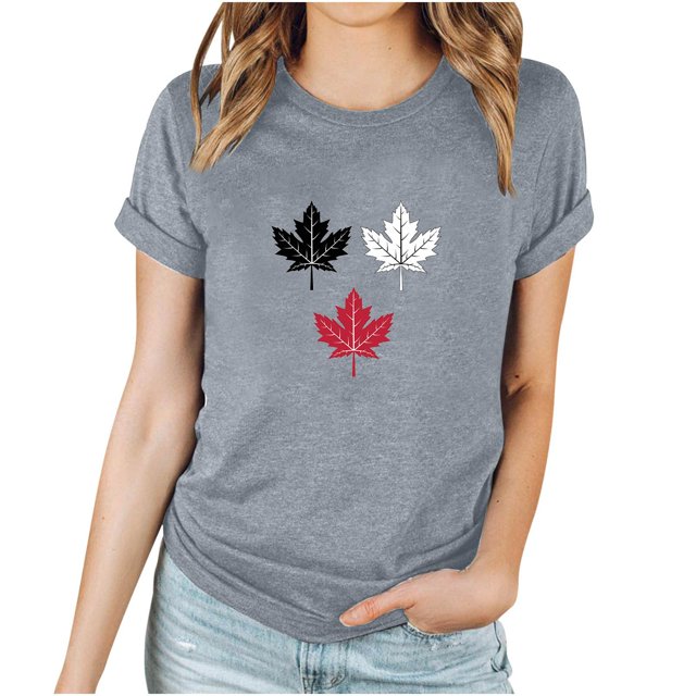 FAIWAD Women Canada Day T-Shirts Rolled Short Sleeve Graphic Print Tee Shirt Basic Going Out Workout Pullover Tops