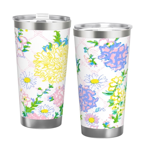 20oz Watercolor Floral Lattice Insulated Tumbler with Handle and Straw Spring Garden Travel Coffee Cup Gift with Double Silver Rim