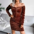 thumbnail image 2 of Lilgiuy Woman Temperament Mini Dress Solid Color Hip Wrap Long Sleeve Square Collar Straps Slit Dress Brown Fall for 2022 Spring Winter, 2 of 5