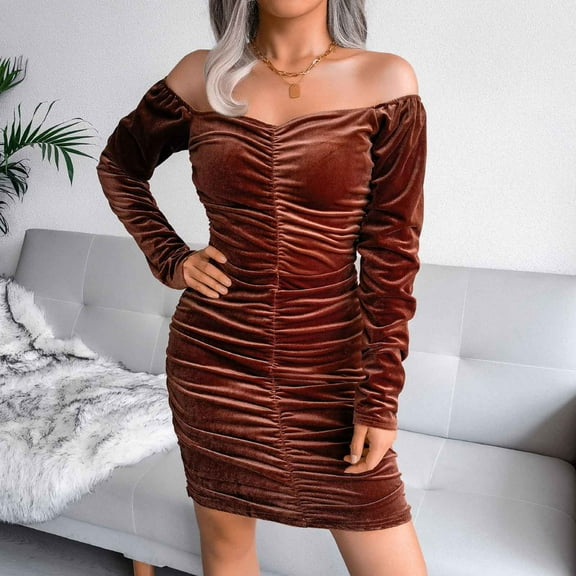 OSFVNOXV Velvet Mini Dress for Women Long Sleeve Ruched Bodycon Sweetheart Neck Flared Wrap Office Work Dress