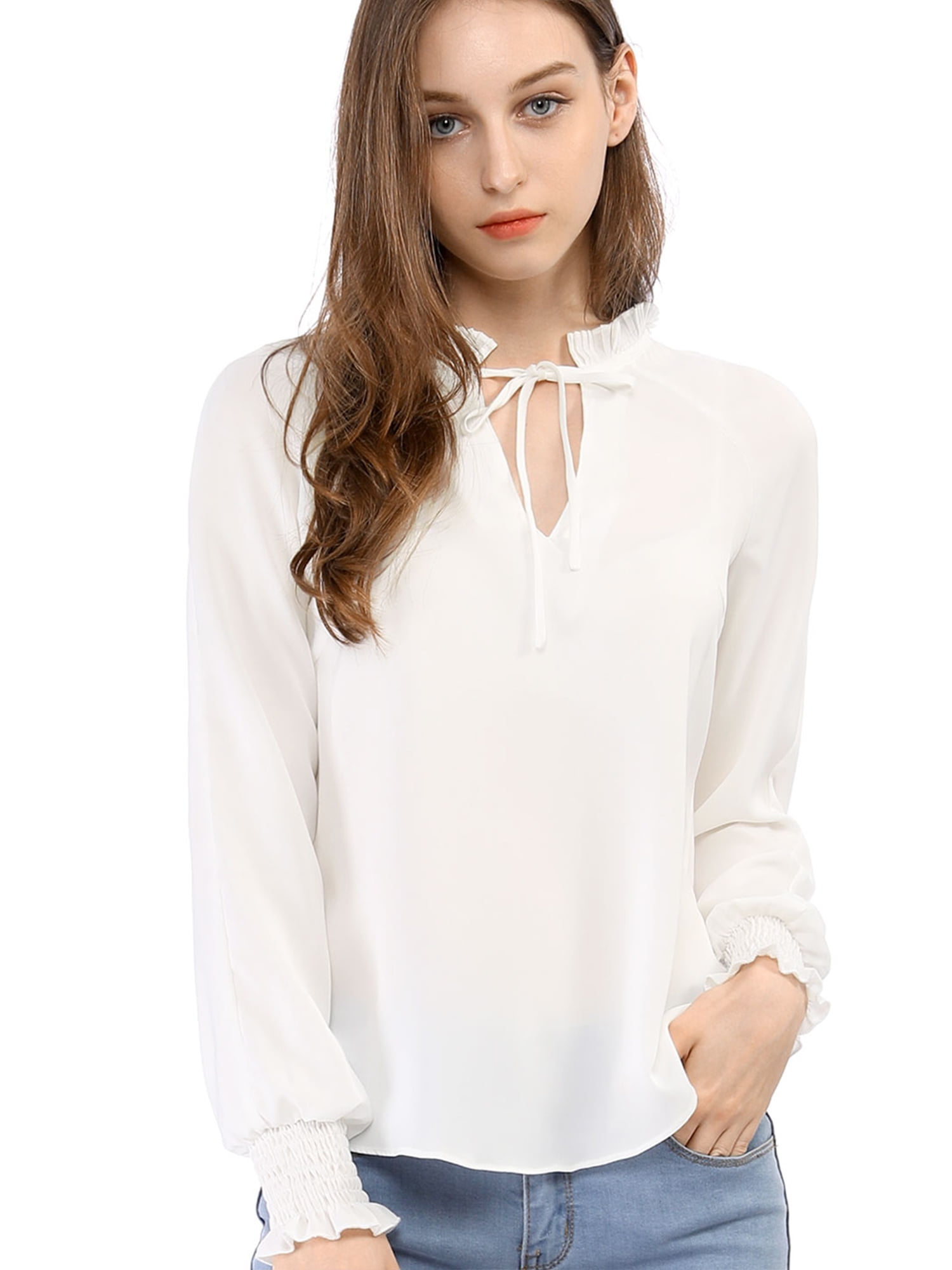 white ruffle neck blouse long sleeve