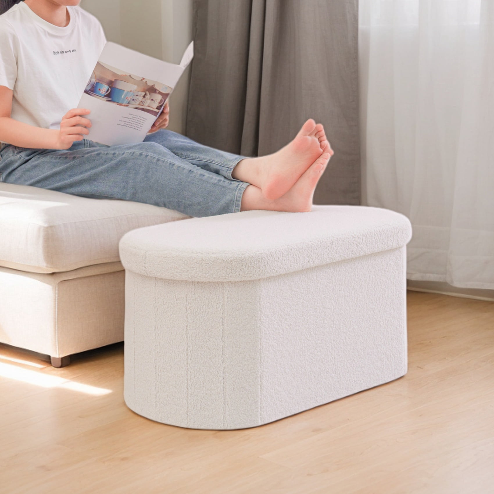 PINPLUS Storage Ottoman Bench Tufted Oval Ottoman Bench Foot Rest Velvet Bench with Storage 30" White