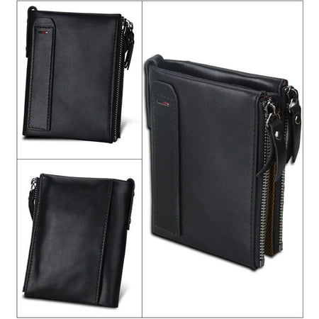 Genuine Cowhide Leather Men Wallets Double Zipper Short Purse Coin Pockets Anti RFID Card ...