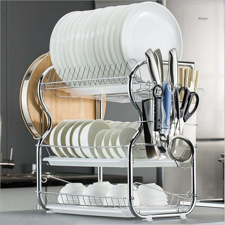 Dish Drying Rack with Drain Board, Dish Drying Rack for Kitchen Counter, 2  Tier Large Dish Drainer with Dish Rack with Drain, Cup Holder, Cutting Board  Holder and Extra Drying Pad 