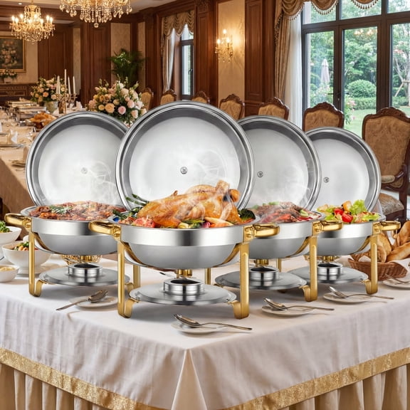 Chafing Dishes for Buffet 4 Pack, 6QT Round Stainless Steel Elegant Gold Stand, 4 Food Pan/Lid, Chafing Dish Buffet Set,  Food Warmers for Parties, Events, Wedding, Camping, Dinner