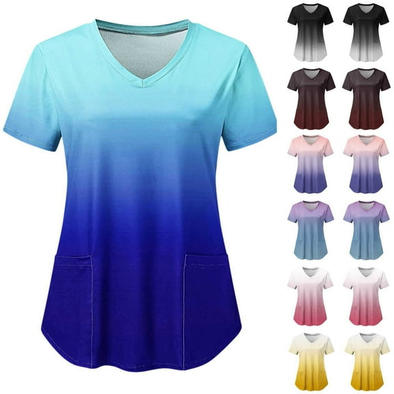 YOIAVAIOY Black Women Gradient V Neck Work Scrubs Short Sleeve Graphic Summer Scrub Tops 2026 Y2K Medical Uniforms M