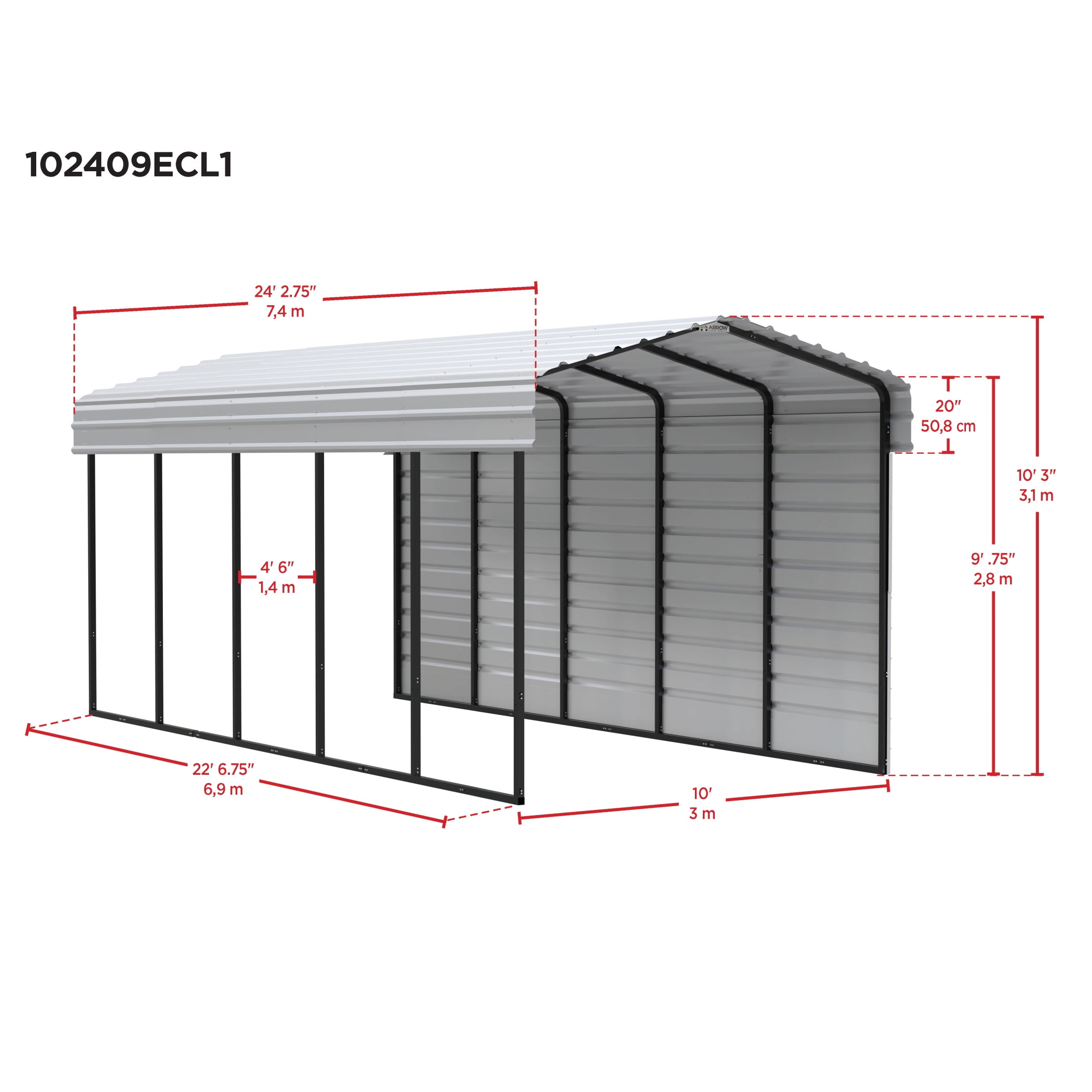 Arrow 10 x 24 x 9 ft Eggshell Carport With 1 Side Wall Kit