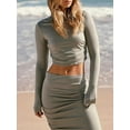 thumbnail image 5 of Women Summer 2 Piece Outfits Solid Color Backless Long Sleeves Tops and Elastic Slit Long Skirt Set for Streetwear, 5 of 9