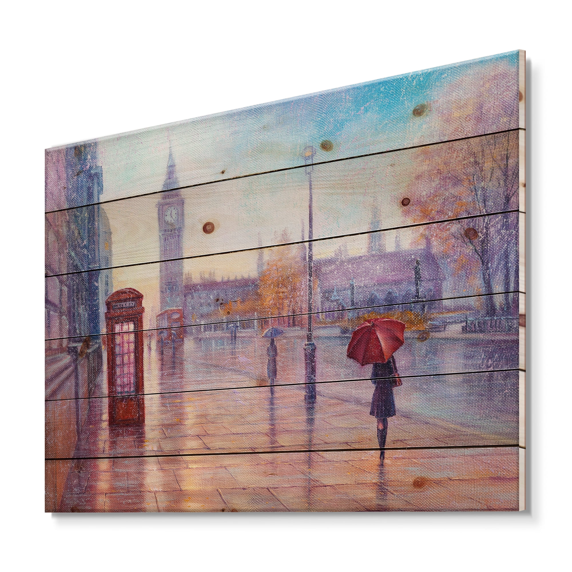 Designart 'Big Ben and Woman With Red Umbrella In London Street' French Country Print on Natural Pine Wood