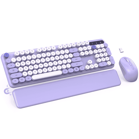 Wagpak Wireless Keyboard & Mouse Set– Retro Round Keycaps, Detachable Wrist Rest, 2.4GHz Cordless Connection for Mac/Windows/PC-Purple