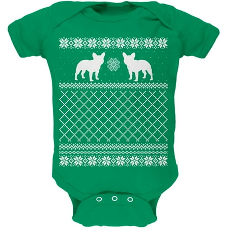 

French Bulldog Ugly Christmas Sweater Kelly Green Soft Baby One Piece - 6 month