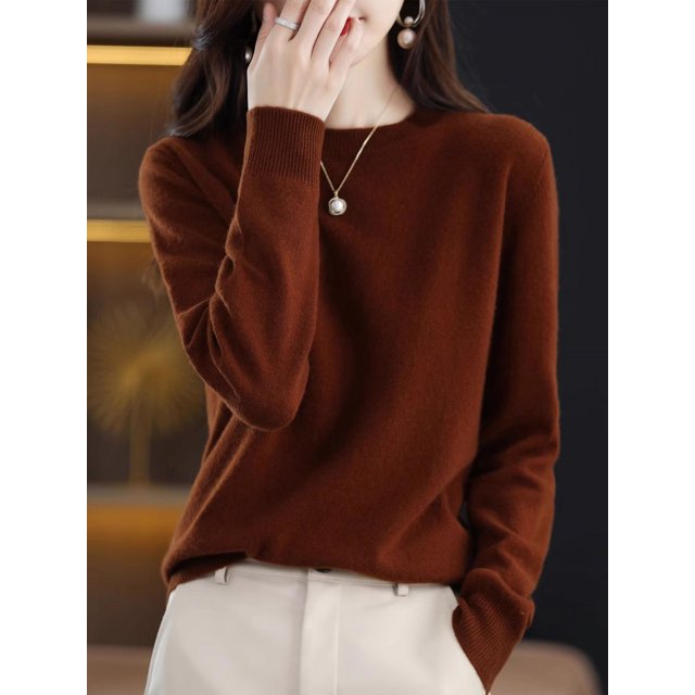 Suéter de lana pura de otoño, camisa de punto para mujer, cuello redondo, suelto, color sólido, estilo occidental, suéter de punto que combina con todo