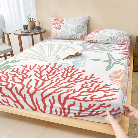Twin XL Size Fitted Sheet Set - Red Sage Green Coastal 2 Piece Bedding Sets 16" Deep Pocket Fitted Sheet with 1 Pillowcases, Summer Beach Coral Shell Ocean Brushed Microfiber Hotel Luxury Bed Sheets
