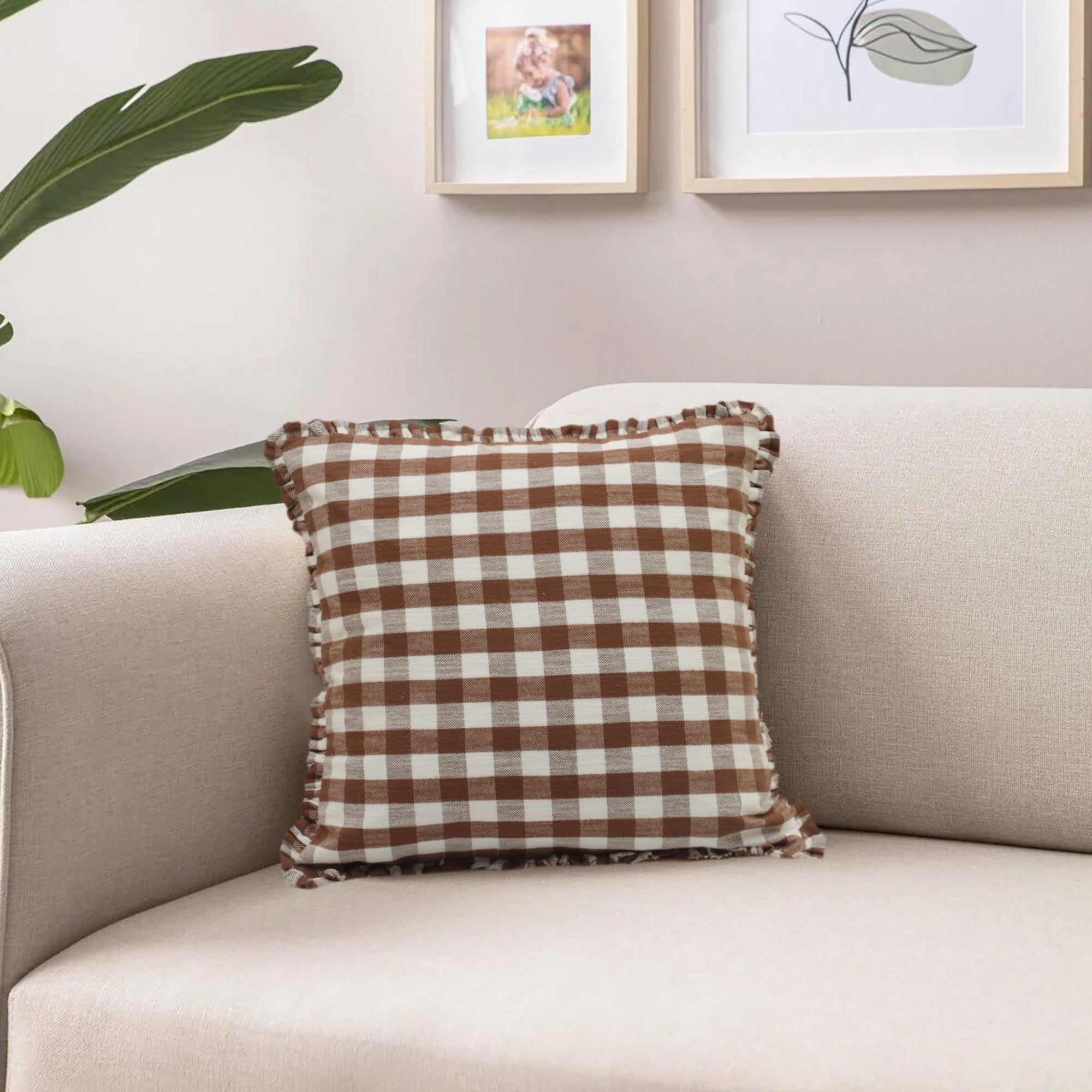 The Pioneer Woman Woven Gingham with Ruffle Pillow - Brown