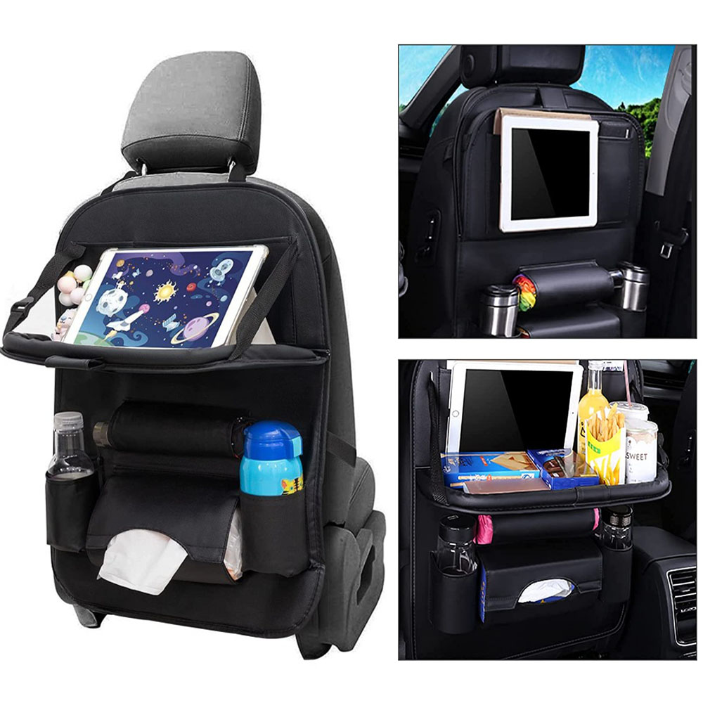 PU Leather Car Seat Organizer with Foldable Table Tray Backseat Car  Organizer For Babies Toys Storage Black 