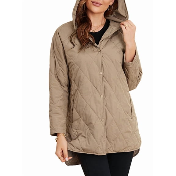 Osfvolr Women Long Quilted Hooded Jacket,Fashion Winter Coat Oversized Baggy, Warm Long Sleeve Jackets Khaki XXL
